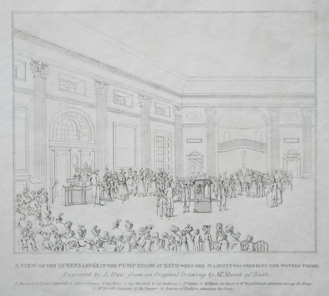 Print - A View of the Queens Levee in the Pump Room at Bath when her Majesty was Drinking the Waters there. Engraved by J. Alais from an Original Drawing by Mr. Marsh of Bath. - Alais